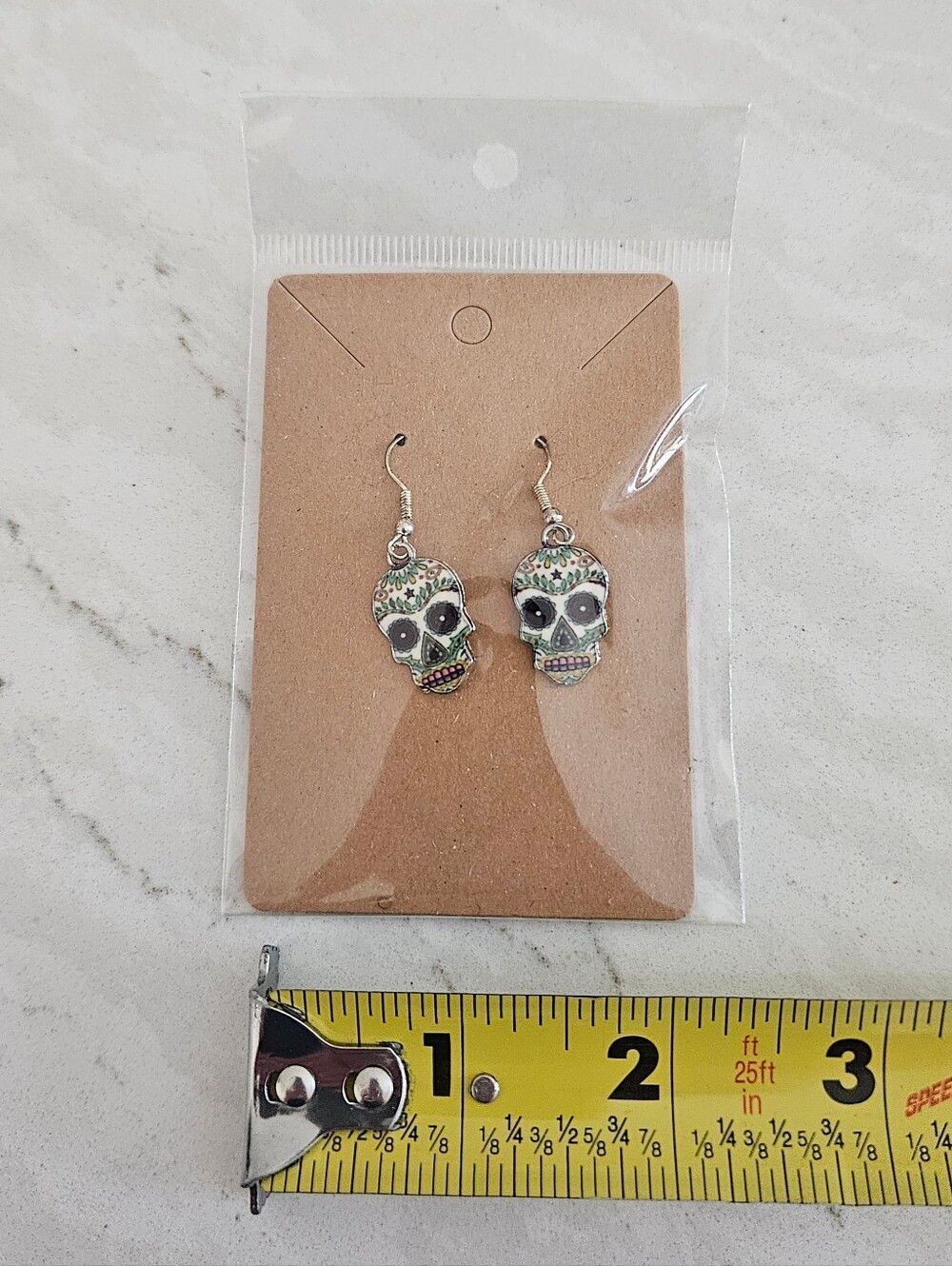 Day of the Dead Sugar Skull Dangle Earrings - Green Accents - Picture 3 of 5